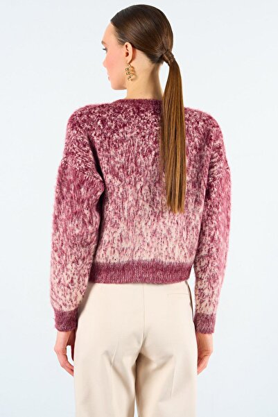 TENA Women's Vanilla-Burgundy Two-Tone Ribbed Bearded Cardigan