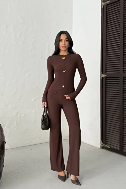MİROR Women's Brown Ottoman Fabric Stylish Double Set with Button Detail