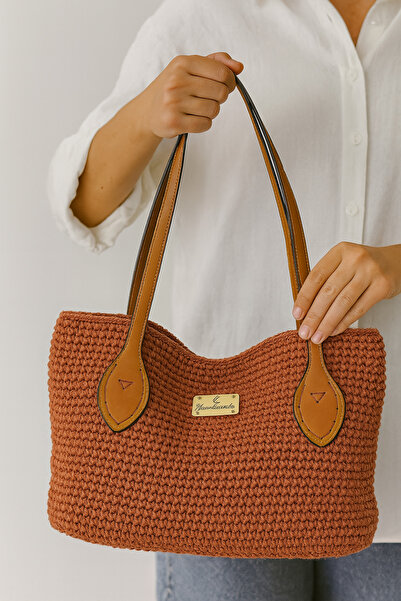 Muses Made El Örgüsü Tığ İşi Omuz Çantası – Deri Saplı Kiremit Kırmızısı Tote...