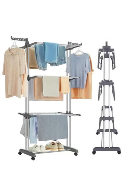 Taimi 4-Tier Clothes Drying Rack (Gray) – Each Layer Supports 10 kg , Rolling Design -170H x 76W x 50D cm