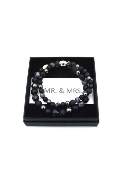 OEM MR. & MRS couple bracelet set made of natural stones, dark tones
