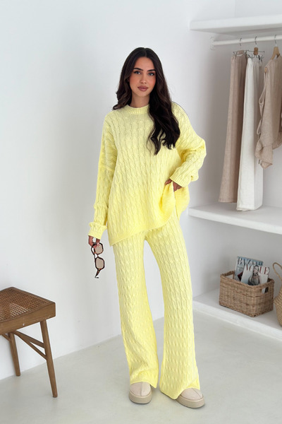 mielva Loose Yellow Knitted Patterned Knitwear Set Oversize Sweater and Wide Leg Pants