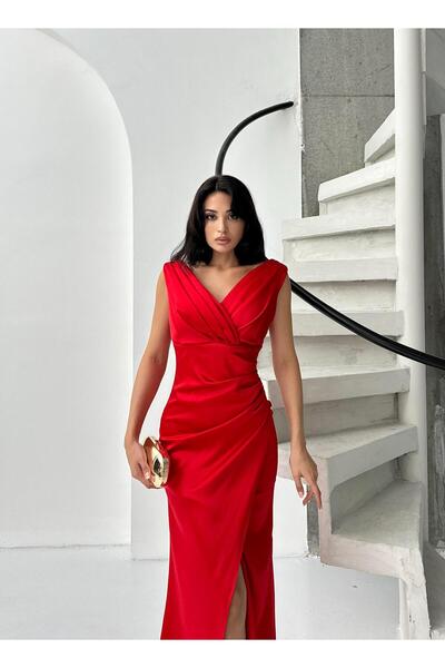 Serica Moda Kırmızı V Yaka Drapeli Yaka Drapeli Saten Abiye Elbise