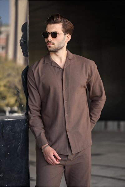 Madmext Brown Relaxed Fit Men's Linen Shirt Pants Set E7327