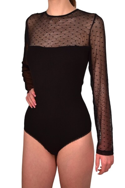 LUAN Long sleeve bodysuit, Cotton and tulle, Classic panty, Black