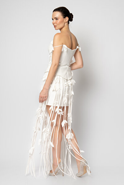 RENGIN Eteği ip saçaklı serpme çiçekli krep abiye elbise