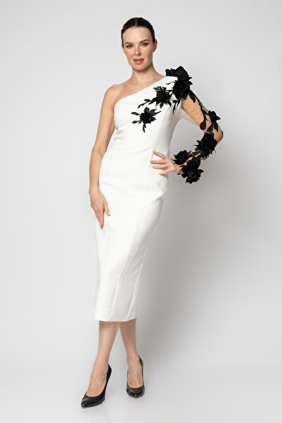 RENGIN Tek kolu tüllü çiçek baskılı krep abiye elbise