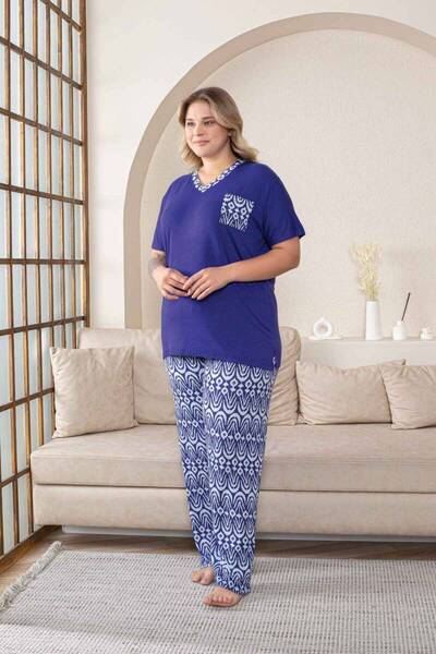 ALİMER Plus Size Women's Pajamas Set - Saks Blue V-Neck Short Sleeve Lycra Fabric 2824Kyb
