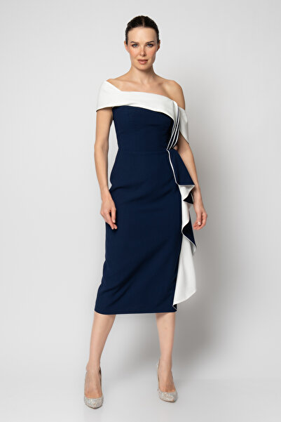 RENGIN Göğüsten bantlı çift renk volanlı krep abiye elbise