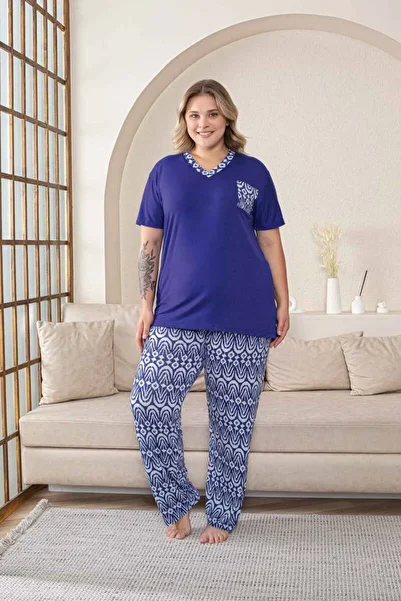 ALİMER Plus Size Women's Pajamas Set - Saks Blue V-Neck Short Sleeve Lycra Fabric 2824Kyb
