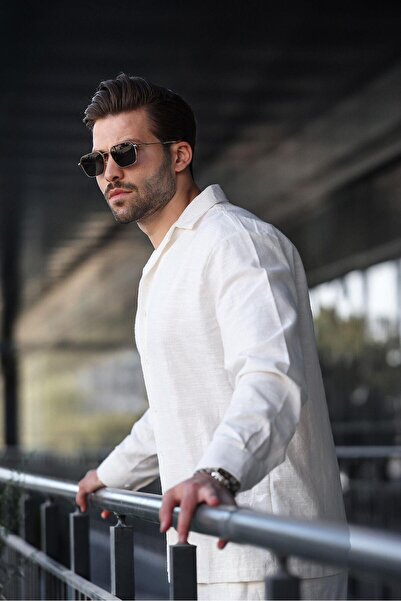 Madmext White Relaxed Fit Men's Linen Shirt Pants Set E7327