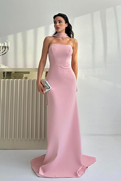 Serica Moda Βραδινό φόρεμα στράπλες με λεπτομέρεια σε σχήμα σάλι σε πούδρα