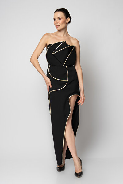 RENGIN Göğsü dalgalı biyeli tek bacak dekolteli krep abiye elbise