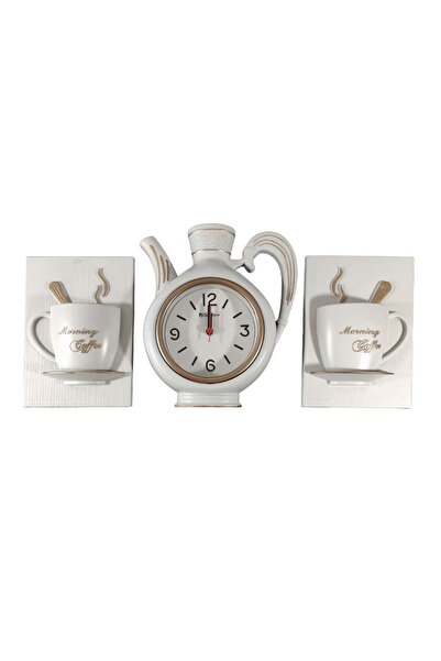 SDX Market Set of 3 kitchen wall clocks, teapot type, with cups, vintage, White