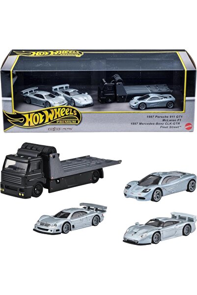 HOT WHEELS Premium Fleet Street Set – Porsche 911 GT1, Mercedes-Benz CLK-GTR, McLaren F1, Taşıyıcı Kamyonet