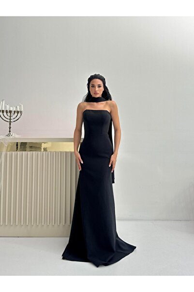 Serica Moda Siyah Şal Yaka Detaylı Straplez Abiye Elbise