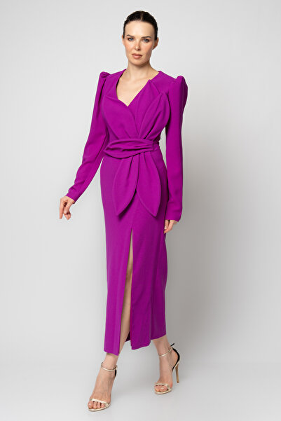 RENGIN Belinde büyük yaprak çiçekli uzun kollu krep abiye elbise