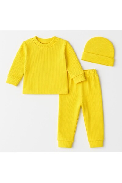 ŞAPKAKİDS Basic Yellow Ribbed Tracksuit Set with Hat