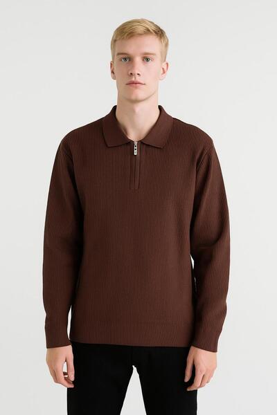 ribana Men's Full Mold Solid Color Polo Neck Zippered Long Sleeve Knitwear Sweater - Lp903