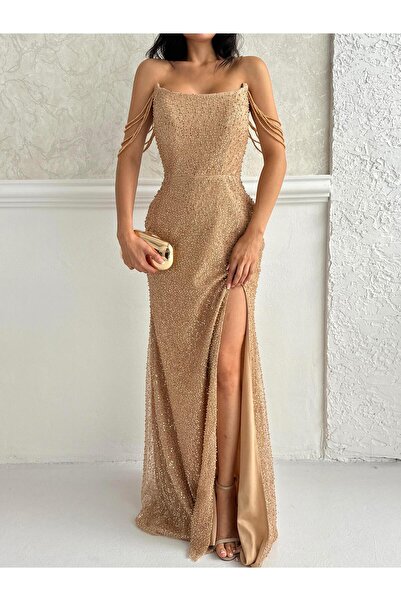 Serica Moda Gold Boncuk İşlemeli Kol Detaylı Straplez Abiye Elbise