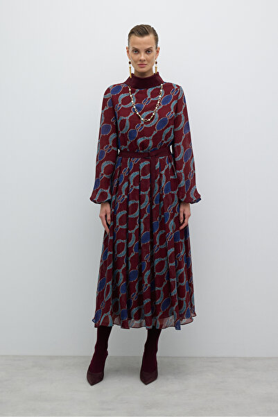 Roman Ribana Yakalı Eteği Pileli Balon Kol Elbise Bordo-Lacivert K2611007_666