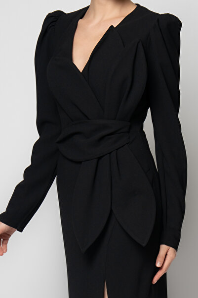 RENGIN Belinde büyük yaprak çiçekli uzun kollu krep abiye elbise