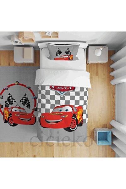 CİCİ EKO Damalı Şimşek Mcqueen Yatak Örtüsü, Yastık Kılıfı HEDİYE