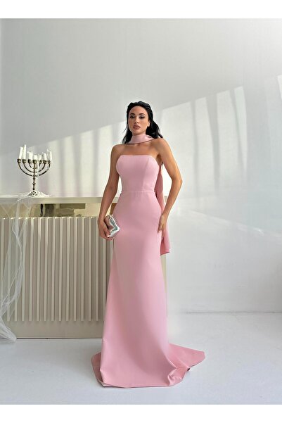 Serica Moda Βραδινό φόρεμα στράπλες με λεπτομέρεια σε σχήμα σάλι σε πούδρα