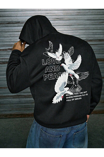 CONSTRAİN Hanorac oversize cu imprimeu Love and Peace, unisex, cu glugă, negr...