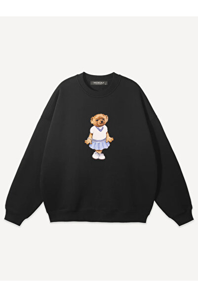 Mad&Calf Women's Pretty Teddy Printed Crew Neck Oversize Sweatshirt