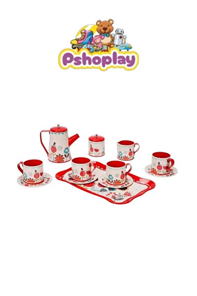 Pshoplay Metal Çay Seti – 12 Parça Çiçek Desenli Oyun Seti, Tepsi & Fincan Dahil