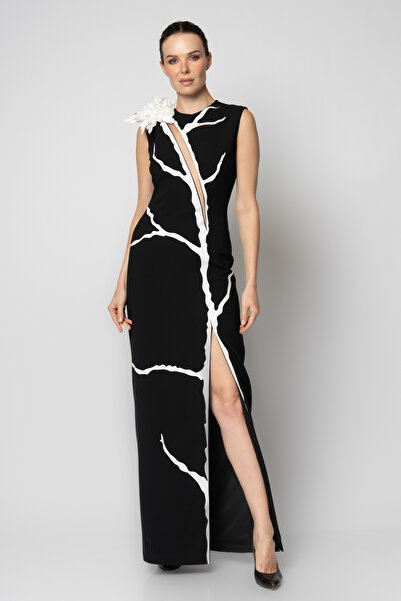 RENGIN Tek omzu çiçekli göğüs ortası tül dekolteli dal desenli krep abiye elbise