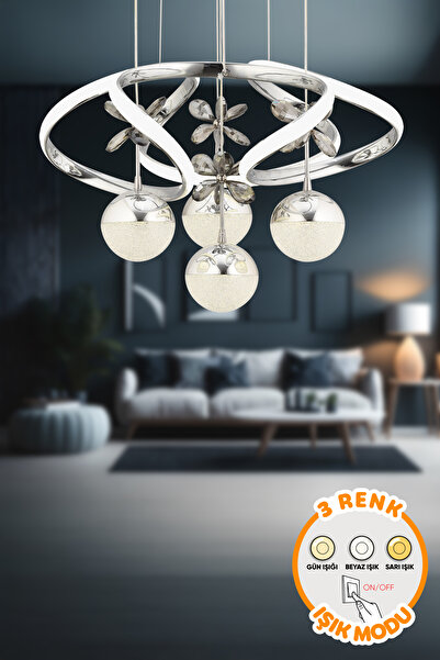 Dekorluna Modern Luvina Krom 3 Renk Işık Özellikli Power Led Kaplama Sarkıt Led Avize Salon Avize