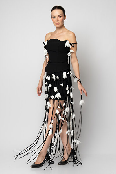 RENGIN Eteği ip saçaklı serpme çiçekli krep abiye elbise