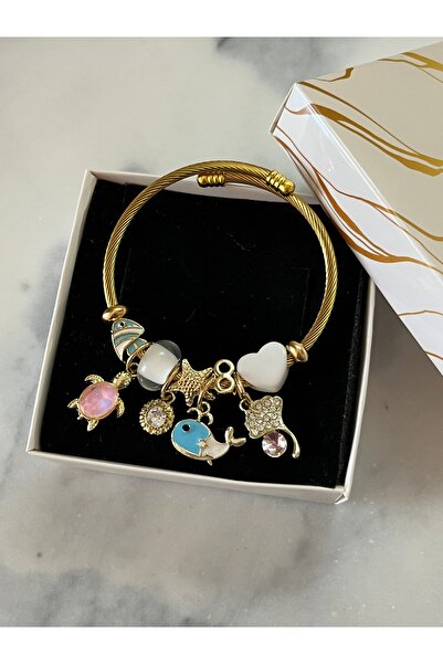 H&T acsessories Kadın Çelik Gold Charm Bileklik (Takı kutusu hediyeli)