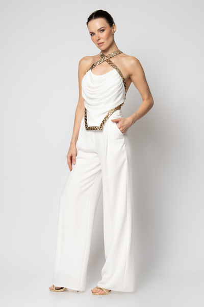 RENGIN Boynu ve sırtı çapraz rugan bantlı krep pantolonlu ikili abiye takım