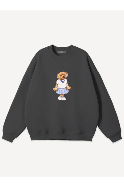 Mad&Calf Hanorac supradimensionat pentru femei cu imprimeu Pretty Teddy la gât rotund