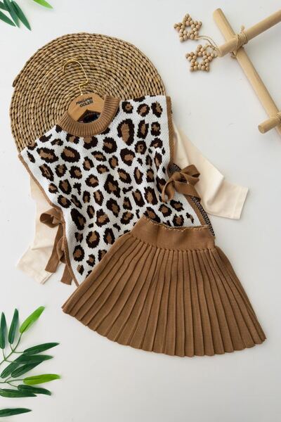 Minigimin Cicileri My Little One's Little Hands Leopard Sweater Knitwear 3-Piece Set - Brown