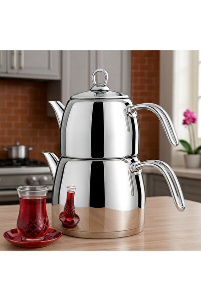 Davet Defne Yaylı Buhar Kapaklı Paslanmaz Çelik Çaydanlık Orta Boy Demlik: 1,...