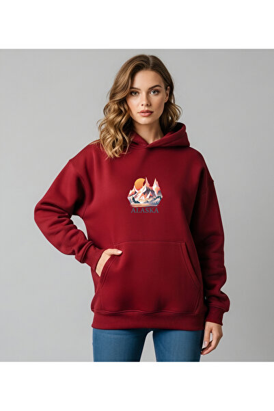 Vooya Fashion سويت شيرت بقلنسوة كبير الحجم مطبوع عليه ألاسكا للجنسين