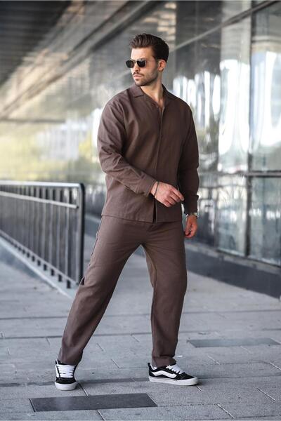 Madmext Brown Relaxed Fit Men's Linen Shirt Pants Set E7327