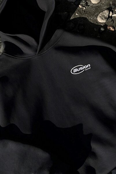 Gia Collection Oversize Unisex Tracksuit Set Illusion Champ Printed Black – Hooded, Elastic Bottom, 3 Thread Fleece