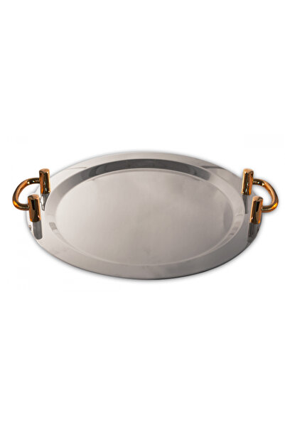 Raki Platou servire tava inox rotund 46cm de lux,manere aurii