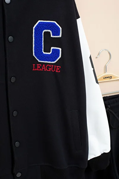 Cansın Mini Black Letter Embroidered College Jacket Boys' Tracksuit Set 21222