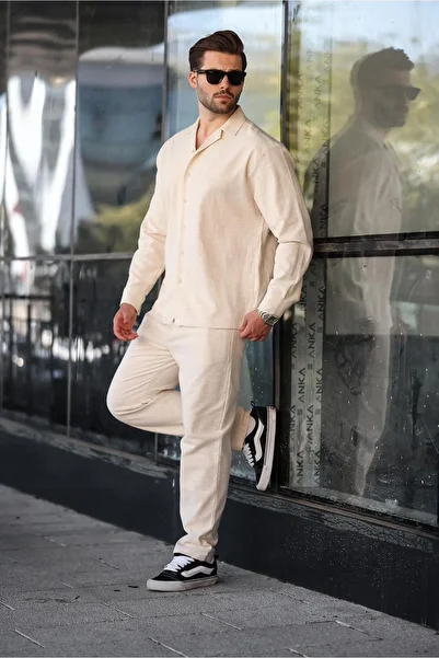 Madmext Beige Relaxed Fit Men's Linen Shirt Pants Set E7327