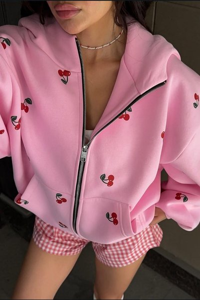 GBRO Women's Pink Cherry Printed Oversize Zippered 3 Thread Thick Cardigan