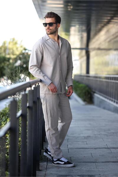 Madmext Painted Gray Relaxed Fit Men's Linen Shirt Pants Set E7327