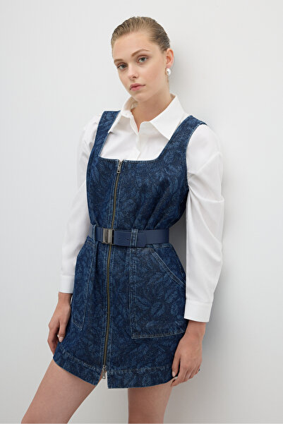 Roman Önü Metal Fermuarlı Beli Kemer Detaylı Çift Cepli Mini Elbise İndigo K2611003_043