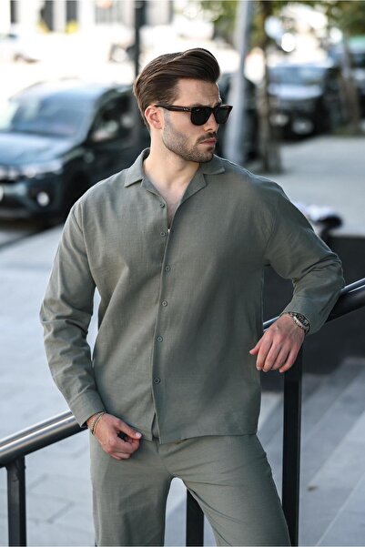 Madmext Khaki Relaxed Fit Men's Linen Shirt Pants Set E7327