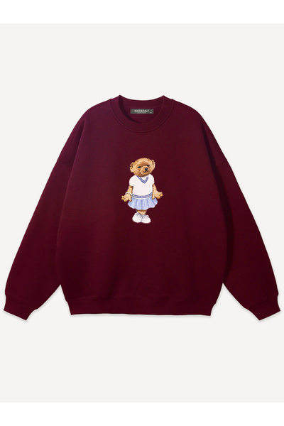 Mad&Calf سويت شيرت نسائي كبير الحجم برقبة دائرية مطبوع عليه دمية تيدي جميلة